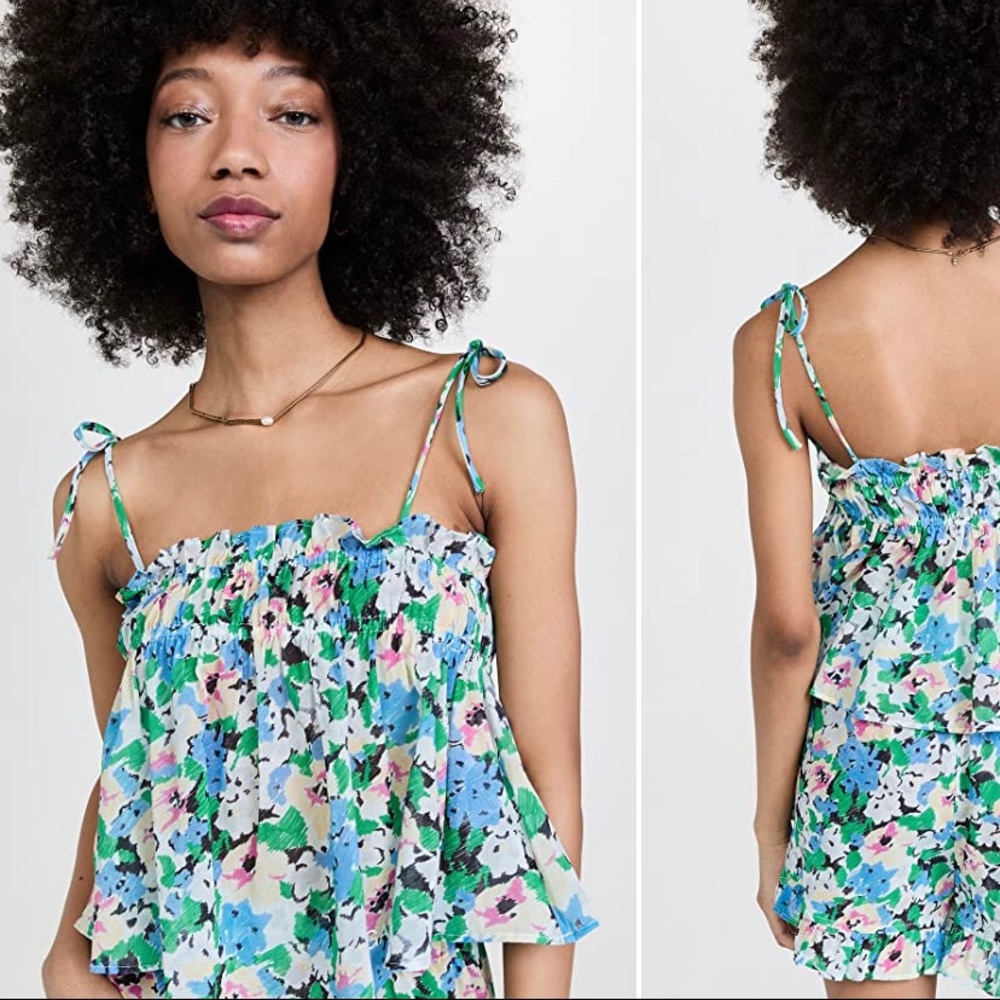 GANNI Cotton Tank Top Floral Azure Blue NWOT